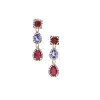 Malagasy Ruby, AA Tanzanite Earrings White Zircon with in 9K Gold 4.40cts (F)