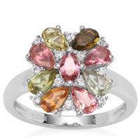 Rainbow Tourmaline Ring with White Zircon in Platinum Plated Sterling Silver 2.10cts