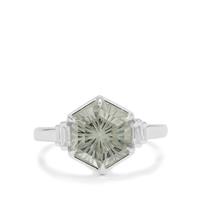 Senary Cut Prasiolite Ring with White Zircon in Sterling Silver 3.15cts