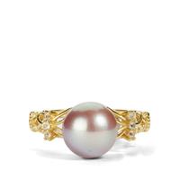 Naturally Lavender Cultured Pearl Ring with White Topaz in Gold Tone Sterling Silver (9.50mm)