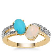Sleeping Beauty Turquoise Ring with Ethiopian Opal, White Zircon in 9K Gold 1.55cts