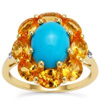 Sleeping Beauty Turquoise, Mandarin Garnet Ring with White Zircon in 9K Gold 6.10cts
