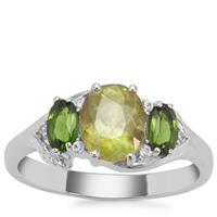 Ambilobe Sphene, Chrome Diopside Ring with White Zircon in Sterling Silver 1.94cts
