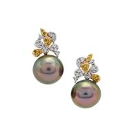 Tahitian Cultured Pearl, White Diamond Earrings with Natural Yellow Diamond in 9K Gold (9mm)