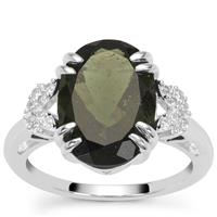 Moldavite Ring with White Zircon in Sterling Silver 4.65cts