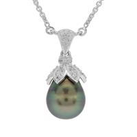 Tahitian Cultured Pearl Necklace with White Zircon in Sterling Silver (10mm)