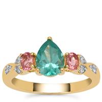 Botli Green Apatite, Pink Tourmaline Ring with White Zircon in 9K Gold 1.55cts