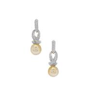 Golden South Sea Cultured Pearl Earrings with White Zircon in Gold Plated Sterling Silver (8mm)