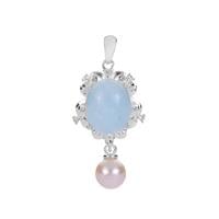 Kaori Cultured Pearl and Aquamarine Pendant with White Topaz in Sterling Silver 