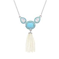 Sleeping Beauty Turquoise, South Sea Cultured Pearl Necklace with White Zircon in Sterling Silver