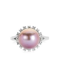 Naturally Lavender Cultured Pearl Ring with White Topaz in Rhodium Flash Sterling Silver (10mm)