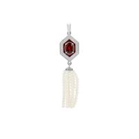 Red Garnet, South Sea Cultured Pearl Pendant with White Zircon in Sterling Silver