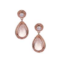 Kaori Cultured Pearl and Rose Quartz Earrings with White Topaz in Rose Tone Sterling Silver 