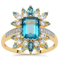 London Blue Topaz Ring with White Zircon in 9K Gold 3.15cts