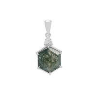 Moss Agate Pendant with White Zircon in Sterling Silver 6.85cts