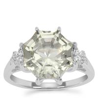  Mirror of Paradise Cut Prasiolite Ring with White Zircon in Sterling Silver 5.20cts