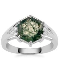 Moss Agate Ring with White Zircon in Sterling Silver 3.00cts