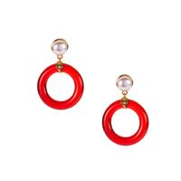 Kaori Cultured Pearl Earrings with Red Agate in Gold Tone Sterling Silver 