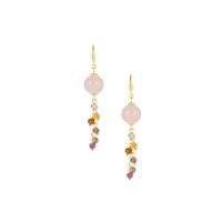 Rose Quartz Earrings with Multi-Colour Tourmaline in Gold Tone Sterling Silver ATGW 28.50cts