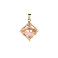 Naturally Papaya Cultured Pearl Pendant with White Topaz in Gold Tone Sterling Silver  (9.50mm)