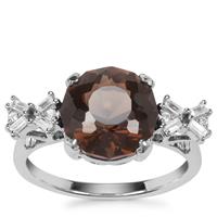 Lotus Cut Smokey Quartz Ring with White Zircon in Sterling Silver 3.52cts