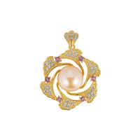 Naturally Papaya Pearl, Amethyst Pendant with White Topaz in Gold Tone Sterling Silver (10mm x 9mm)