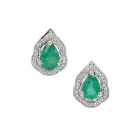 Zambian Emerald Earrings with White Zircon in 9K Gold 1.55cts