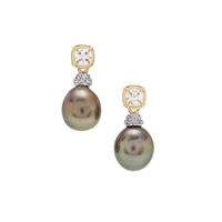 Tahitian Cultured Pearl Earrings with White Zircon in 9K Gold
