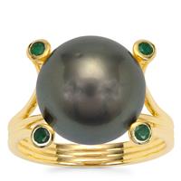 Tahitian Cultured Pearl Ring with Zambian Emerald in 9K Gold (12MM)