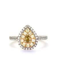 White, Yellow Diamods Ring with Green Diamond in 14K Gold 0.78ct