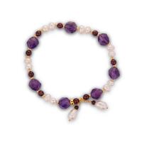 Kaori Cultured Pearl Stretchable Bracelet with Amethyst & Garnet in Gold Tone Sterling Silver