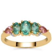 Botli Green Apatite, Pink Tourmaline Ring with White Zircon in 9K Gold 1.15cts