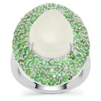 Empress Rainbow Moonstone Ring with Tsavorite Garnet in Sterling Silver 11.65cts