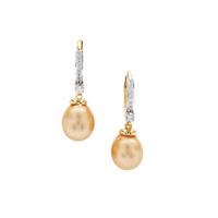 Golden South Sea Cultured Pearl Earrings with White Zircon in Gold Plated Sterling Silver (9mm)