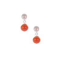 Type A Burmese Red Jadeite Earrings with Kaori Cultured Pearl in Sterling Silver