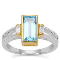 Swiss Blue Topaz Ring with White Zircon in Two Tone Gold Plated Sterling Silver 1.87cts