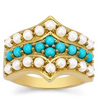 Indonesian Seed Pearl Ring with Sleeping Beauty Turquoise in Gold Plated Sterling Silver