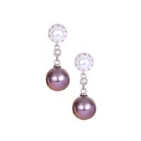 Naturally Lavender Cultured Pearl (10mm) Earrings with White Topaz in Rhodium Flash Sterling Silver