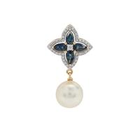 South Sea Cultured Pearl, Australian Blue Sapphire Pendant with White Zircon in 9K Gold (11MM)