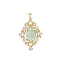 Type A Burmese Jadeite, Kaori Cultured Pearl Pendant with White Topaz in Gold Tone Sterling Silver