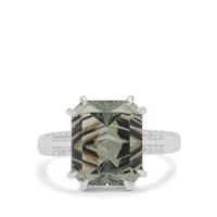 Sahl Cut Prasiolite Ring with White Zircon in Sterling Silver 5.85cts