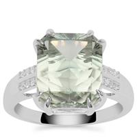Sahl Cut Prasiolite Ring with White Zircon in Sterling Silver 5.85cts