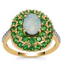 Crystal Opal on Ironstone, Tsavorite Garnet Ring with White Zircon in 9K Gold