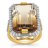 Bi-Colour Smokey Quartz Ring with White Zircon in Gold Plated Sterling Silver 23cts