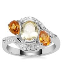 Chartreuse Sanidine, Diamantina Citrine Ring with White Zircon in Sterling Silver 2.02cts