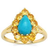 Sleeping Beauty Turquoise Ring with Mandarin Garnet in 9K Gold 2.70cts