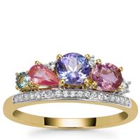 Tanzanite, Santa Maria Aquamarine, Pink Sapphire Ring with White Zircon in 9K Gold 1.45cts