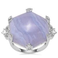 Blue Lace Agate Ring with White Zircon in Sterling Silver 22.88cts