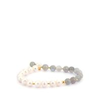 Labradorite Stretchable Bracelet with Kaori Cultured Pearl in Gold Tone Sterling Silver