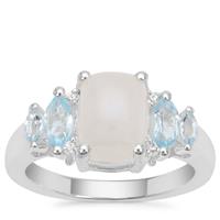 Rainbow Moonstone, Sky Blue Topaz Ring with White Zircon in Sterling Silver 3.77cts